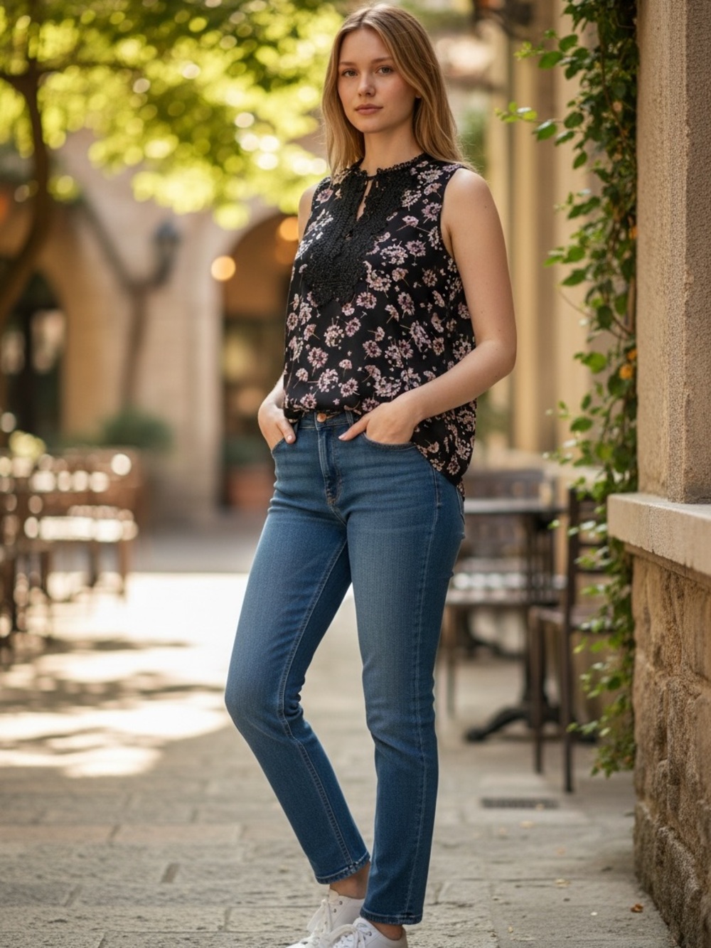 White House Black Market Black Floral Lace-Trim Sleeveless Blouse